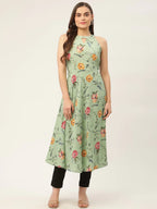 Jompers Women's Green Floral Print Anarkali Kurta | Grocsy