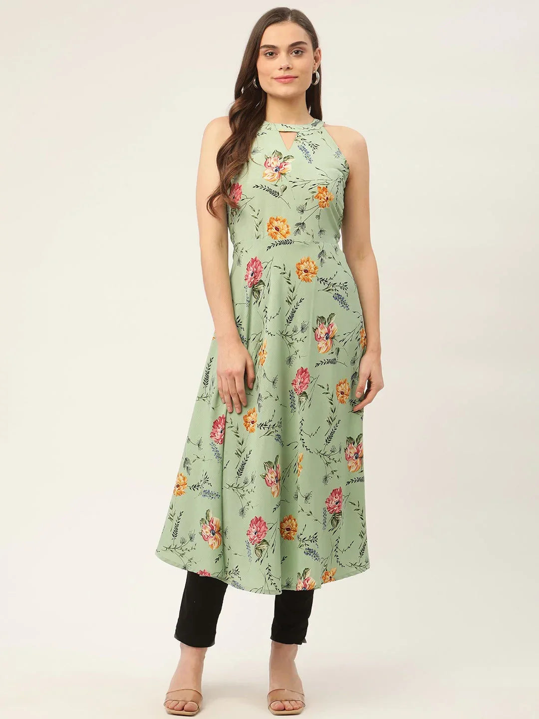 Jompers Women's Green Floral Print Anarkali Kurta | Grocsy
