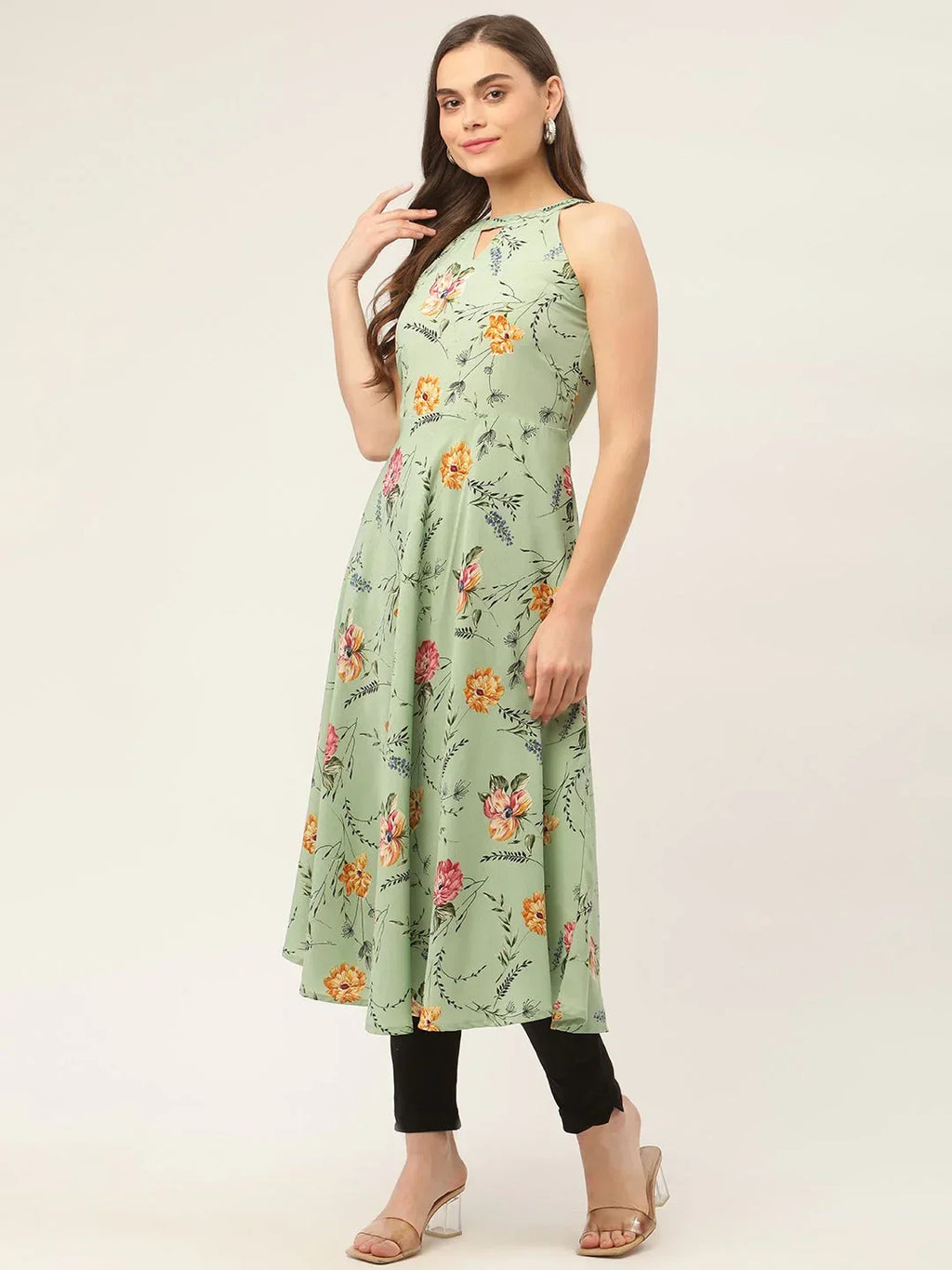 Jompers Women's Green Floral Print Anarkali Kurta | Grocsy