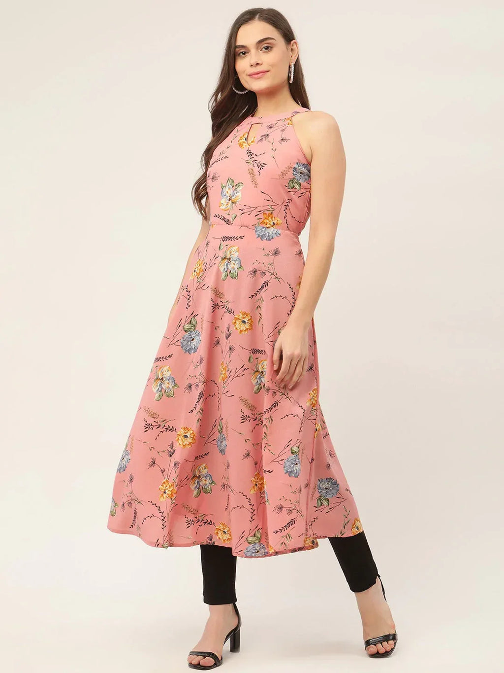 Jompers Women's Pink Floral Printed Anarkali Kurta | Grocsy