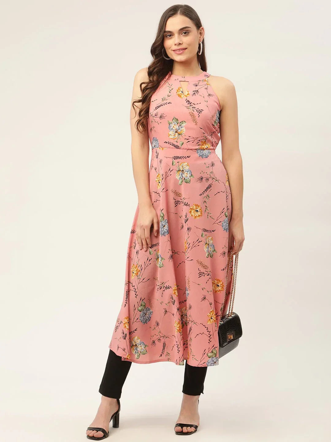 Jompers Women's Pink Floral Printed Anarkali Kurta | Grocsy