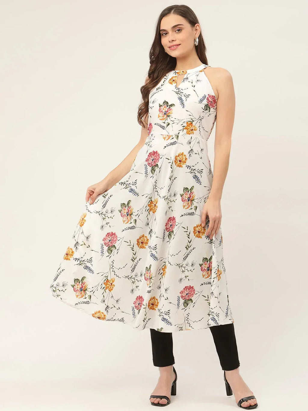 Jompers Women's White Floral Printed Anarkali Kurta | Grocsy