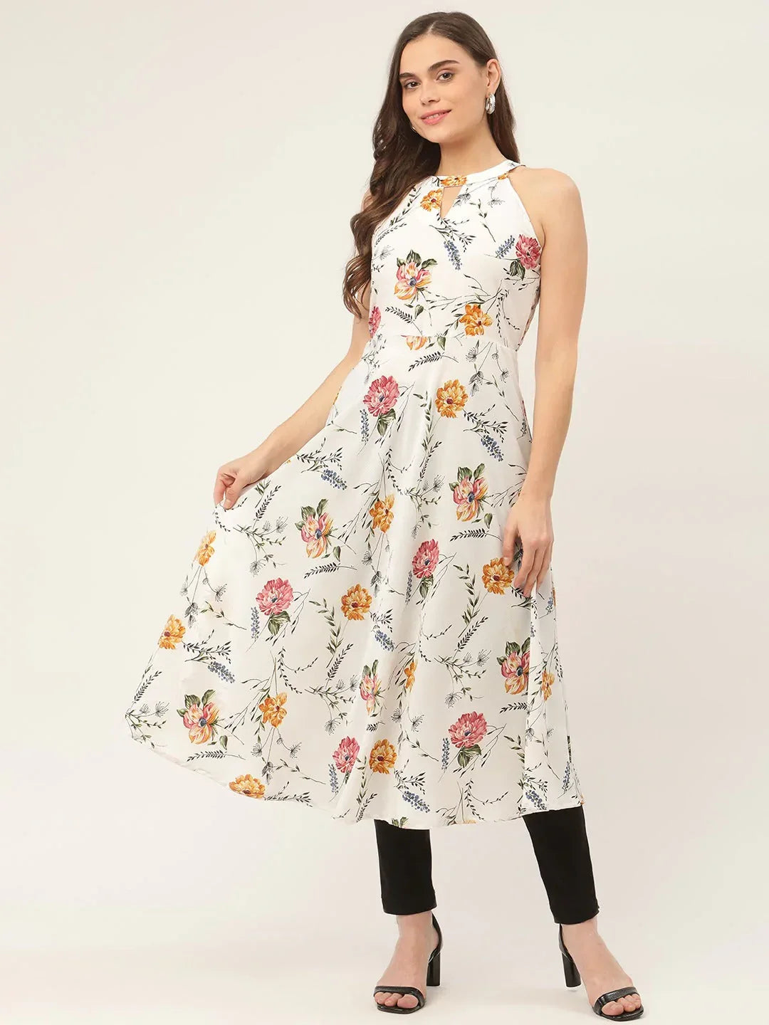 Jompers Women's White Floral Printed Anarkali Kurta | Grocsy