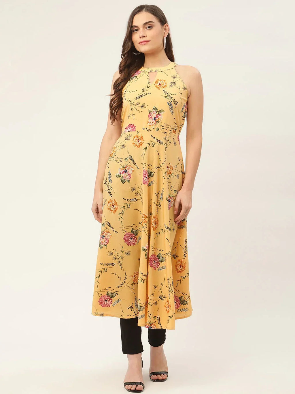 Jompers Women's Yellow & Pink Floral Printed Halter Neck Kurta | Grocsy