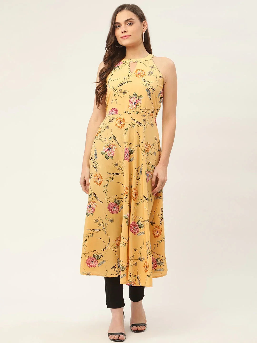 Jompers Women's Yellow & Pink Floral Printed Halter Neck Kurta | Grocsy