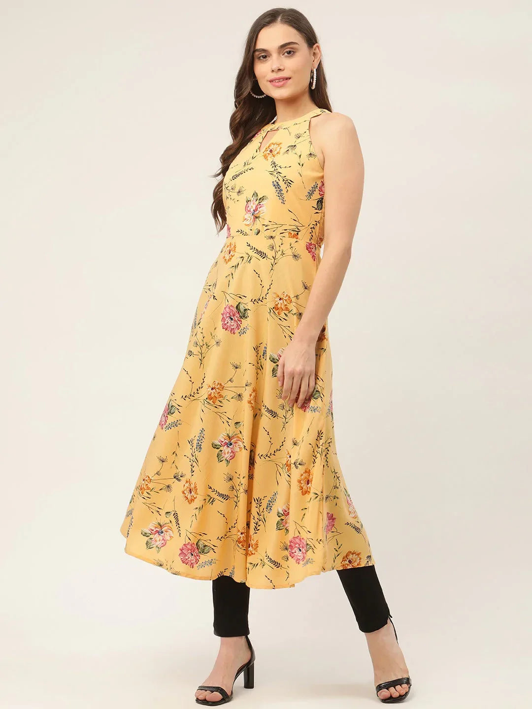 Jompers Women's Yellow & Pink Floral Printed Halter Neck Kurta | Grocsy
