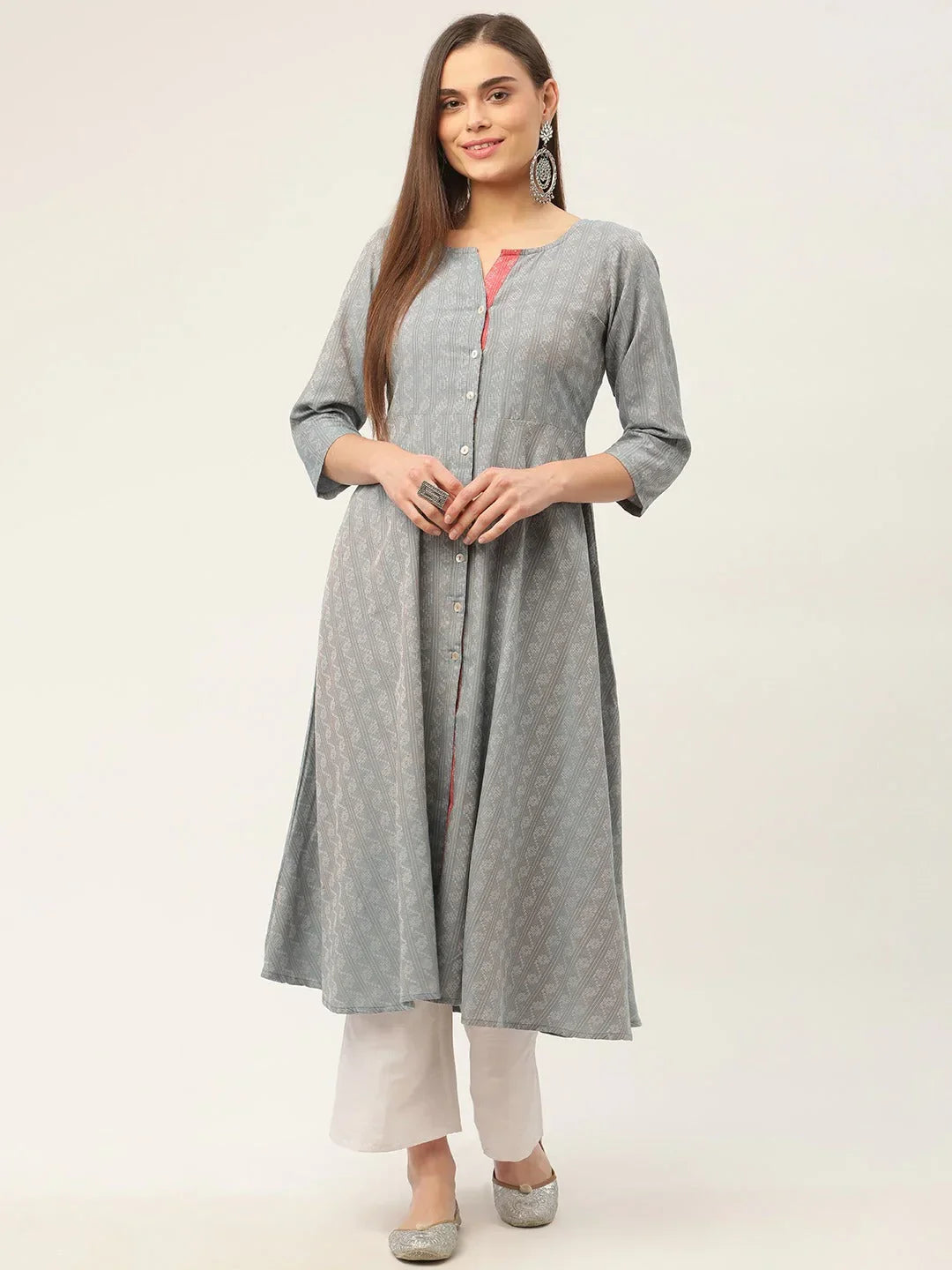 Jompers Women's Grey & Red Cotton Jacquard Geometric Printed Kurta | Grocsy