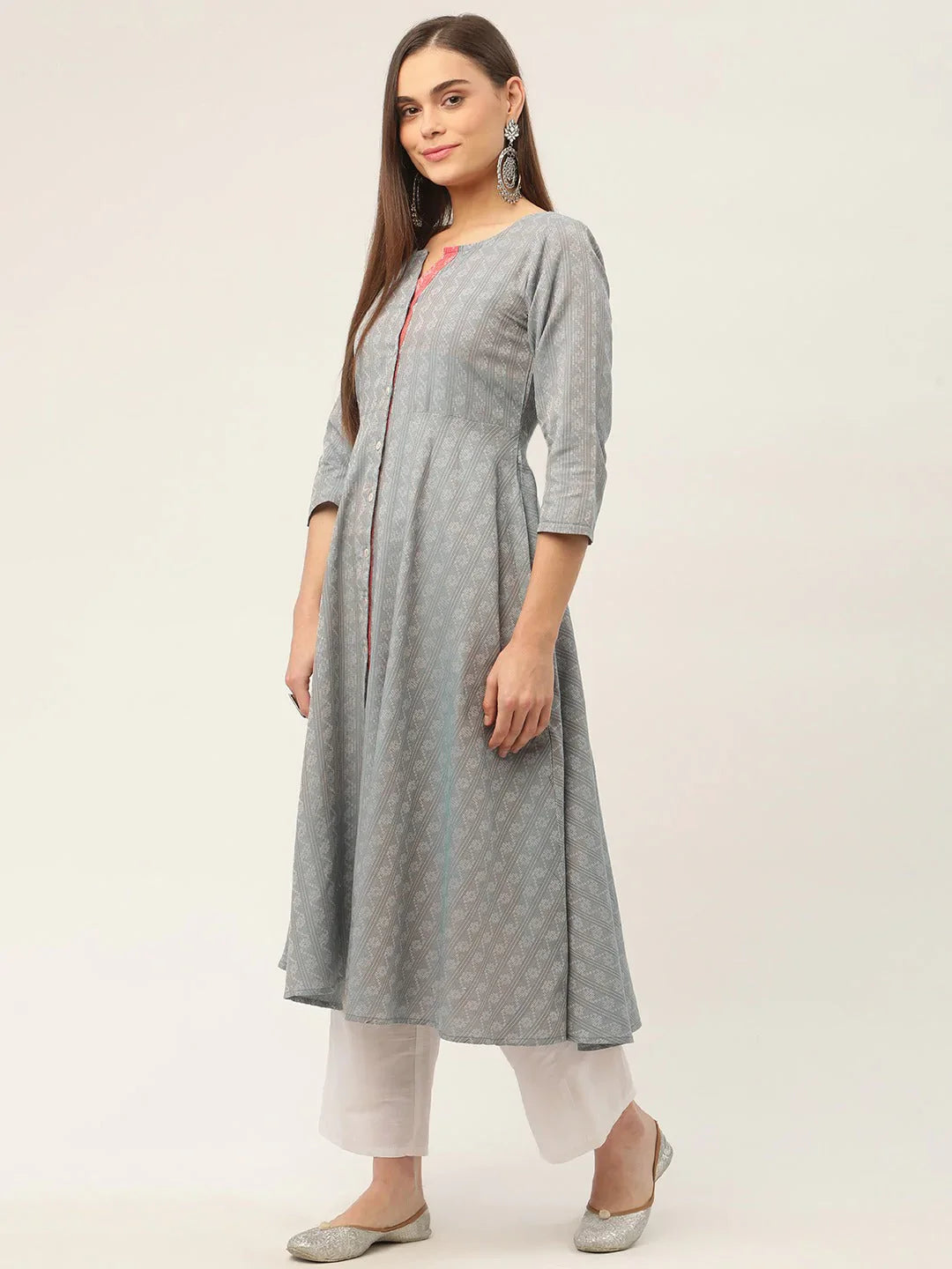 Jompers Women's Grey & Red Cotton Jacquard Geometric Printed Kurta | Grocsy
