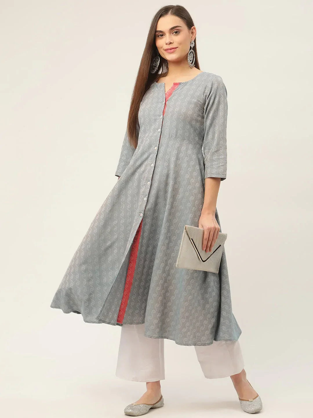 Jompers Women's Grey & Red Cotton Jacquard Geometric Printed Kurta | Grocsy