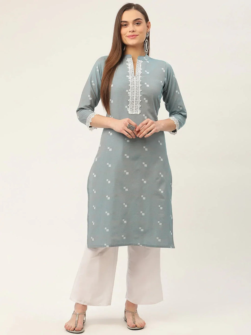 Jompers Women's Grey Cotton Jacquard Geometric Printed Kurta | Grocsy