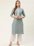 Jompers Women's Grey Cotton Jacquard Geometric Printed Kurta | Grocsy
