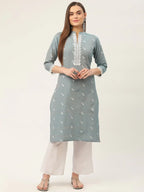 Jompers Women's Grey Cotton Jacquard Geometric Printed Kurta | Grocsy