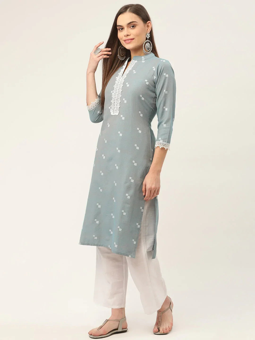 Jompers Women's Grey Cotton Jacquard Geometric Printed Kurta | Grocsy