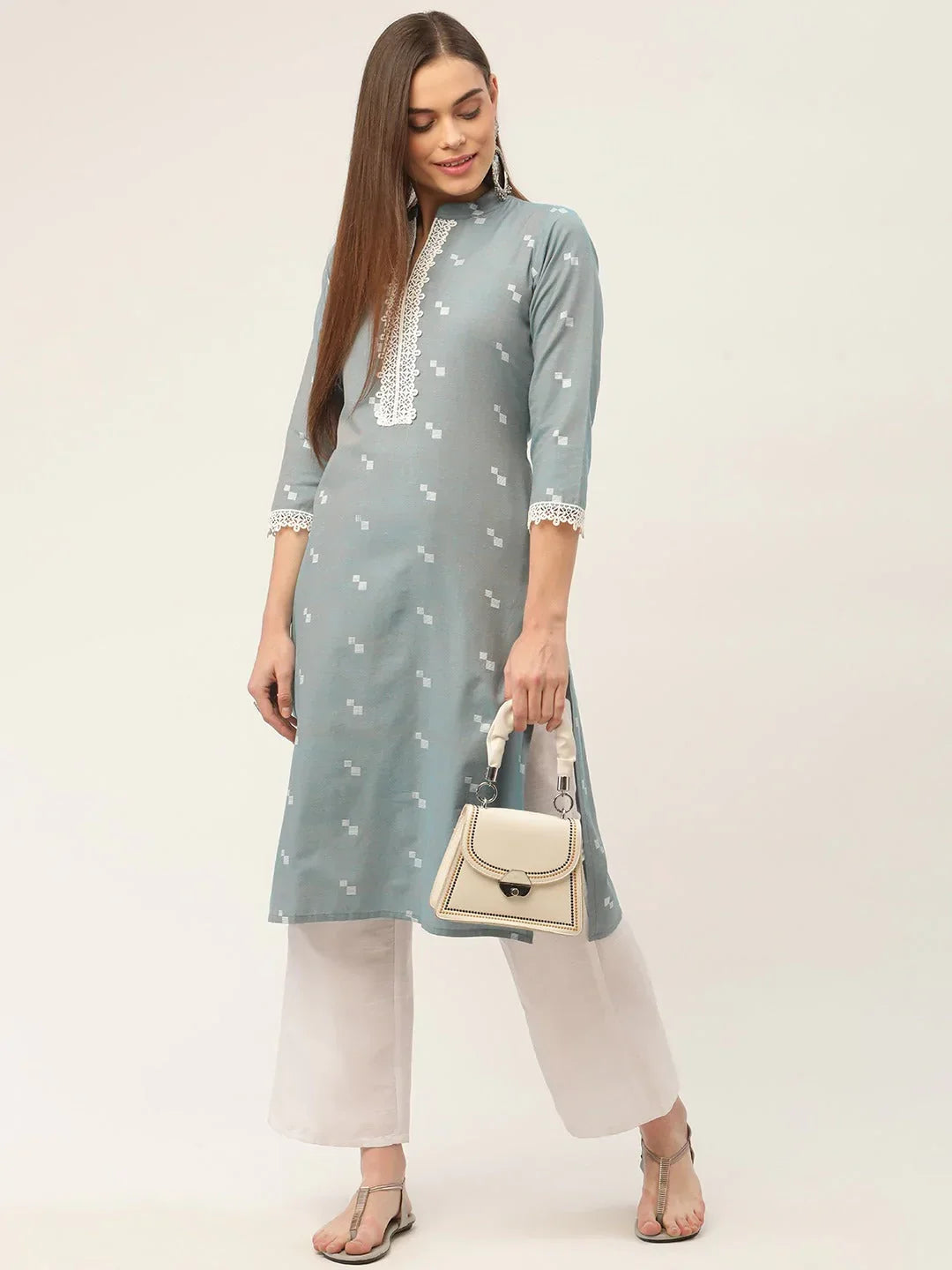 Jompers Women's Grey Cotton Jacquard Geometric Printed Kurta | Grocsy