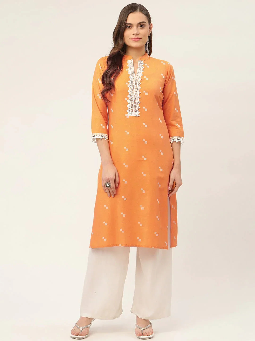Jompers Women's Orange Cotton Jacquard Geometric Printed Kurta | Grocsy