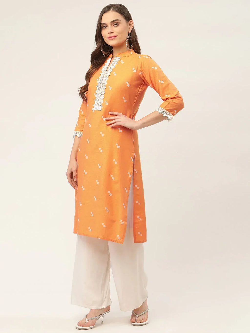 Jompers Women's Orange Cotton Jacquard Geometric Printed Kurta | Grocsy