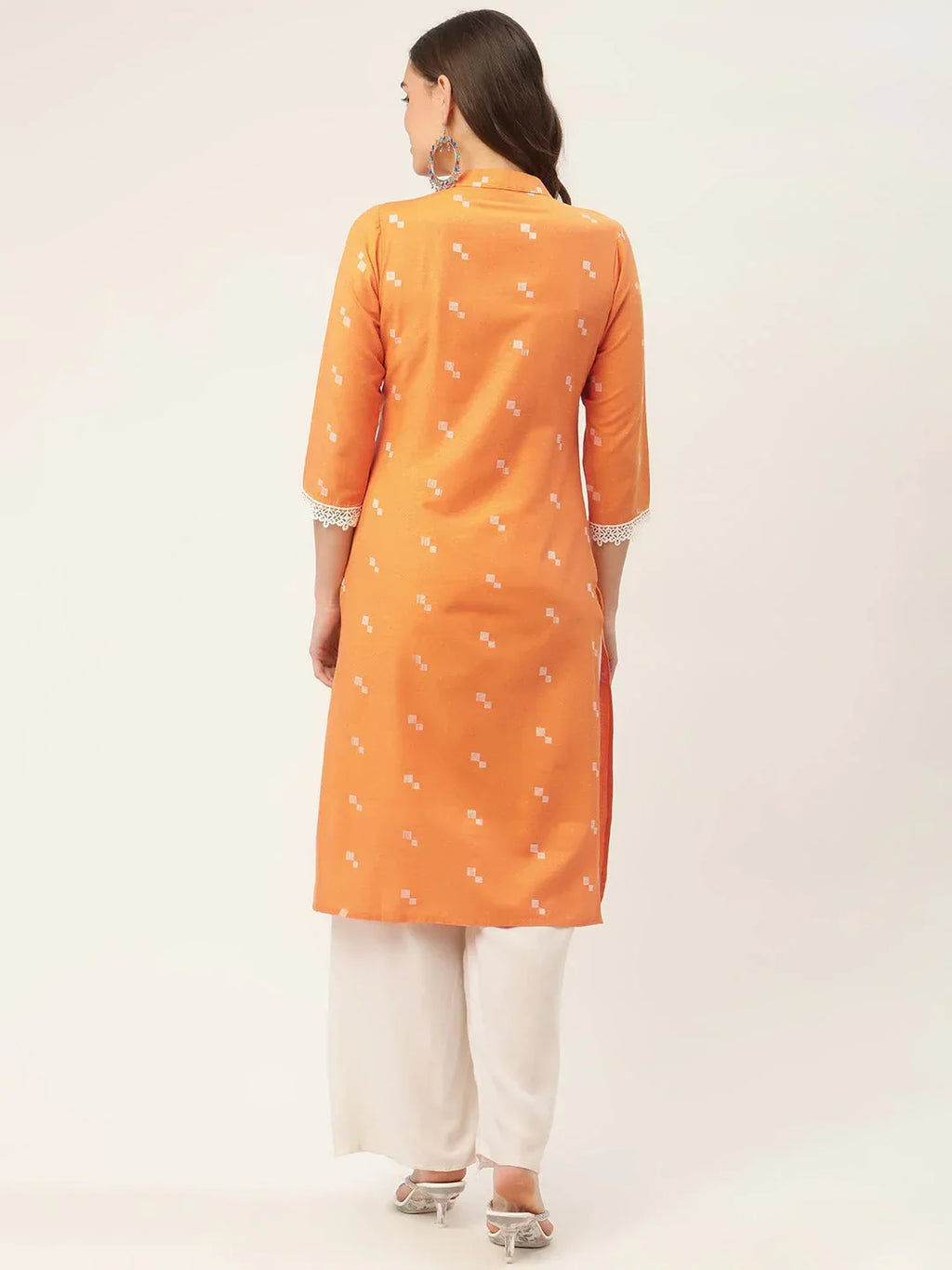 Jompers Women's Orange Cotton Jacquard Geometric Printed Kurta | Grocsy