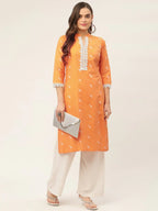 Jompers Women's Orange Cotton Jacquard Geometric Printed Kurta | Grocsy