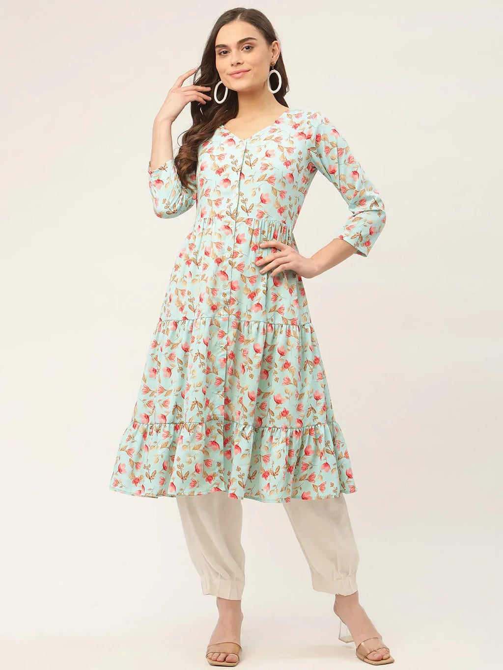 Jompers Women's Sky Blue Floral Printed Kurta | Grocsy