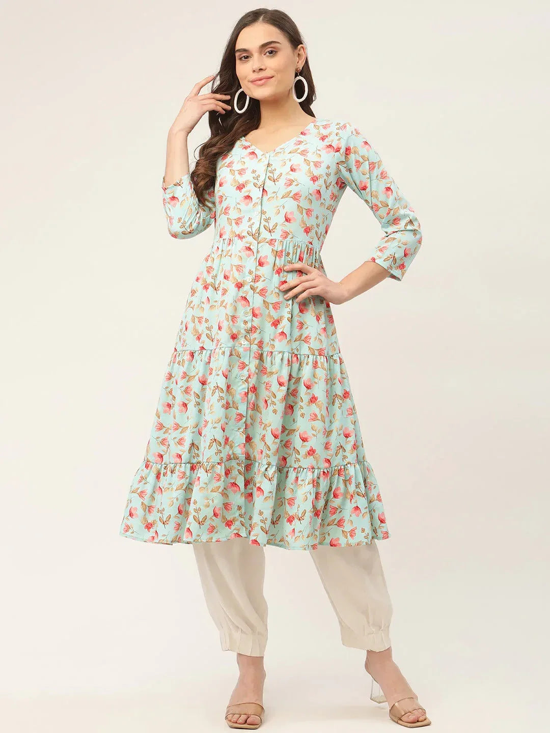 Jompers Women's Sky Blue Floral Printed Kurta | Grocsy