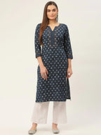 Jompers Women's Indigo Blue Pure Cotton Floral Printed Kurta | Grocsy