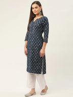 Jompers Women's Indigo Blue Pure Cotton Floral Printed Kurta | Grocsy