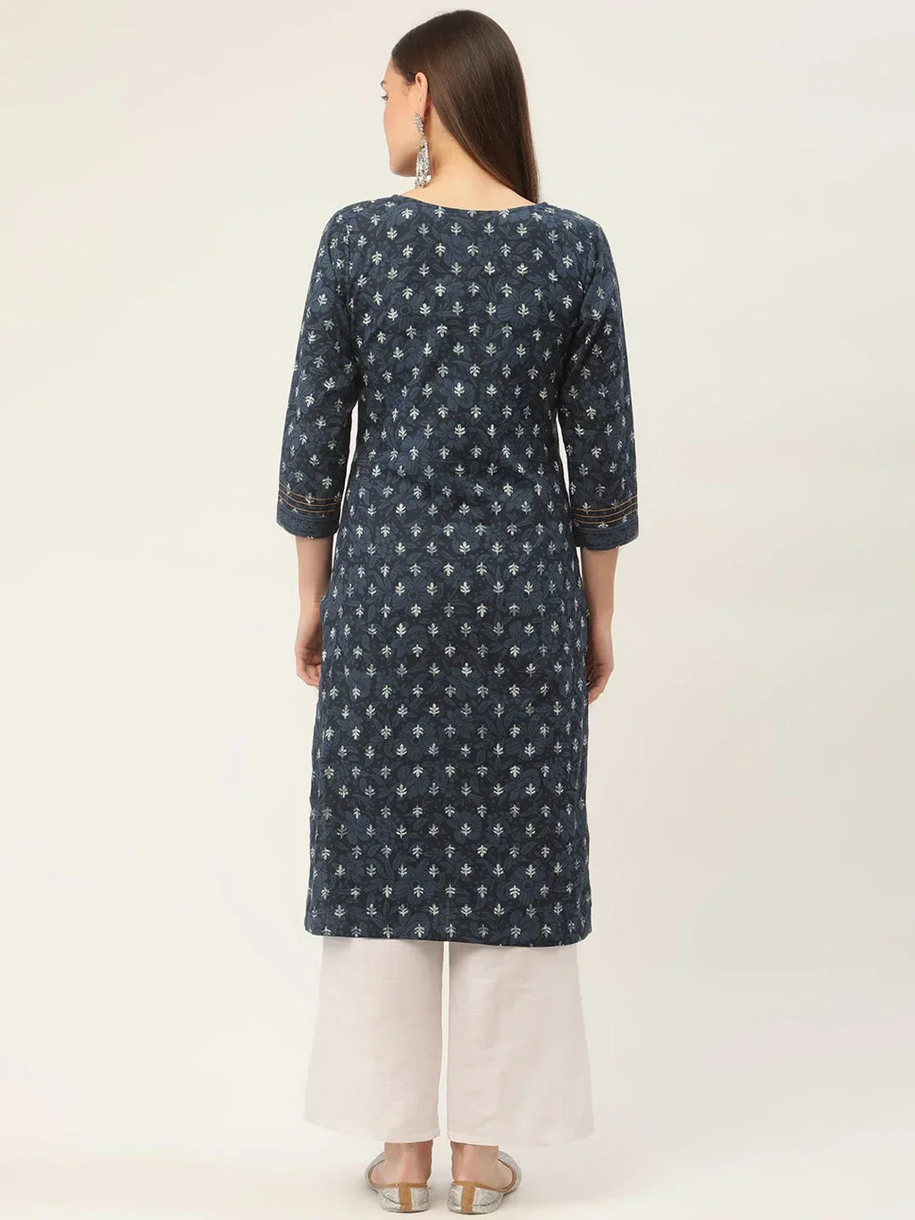 Jompers Women's Indigo Blue Pure Cotton Floral Printed Kurta | Grocsy