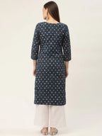 Jompers Women's Indigo Blue Pure Cotton Floral Printed Kurta | Grocsy