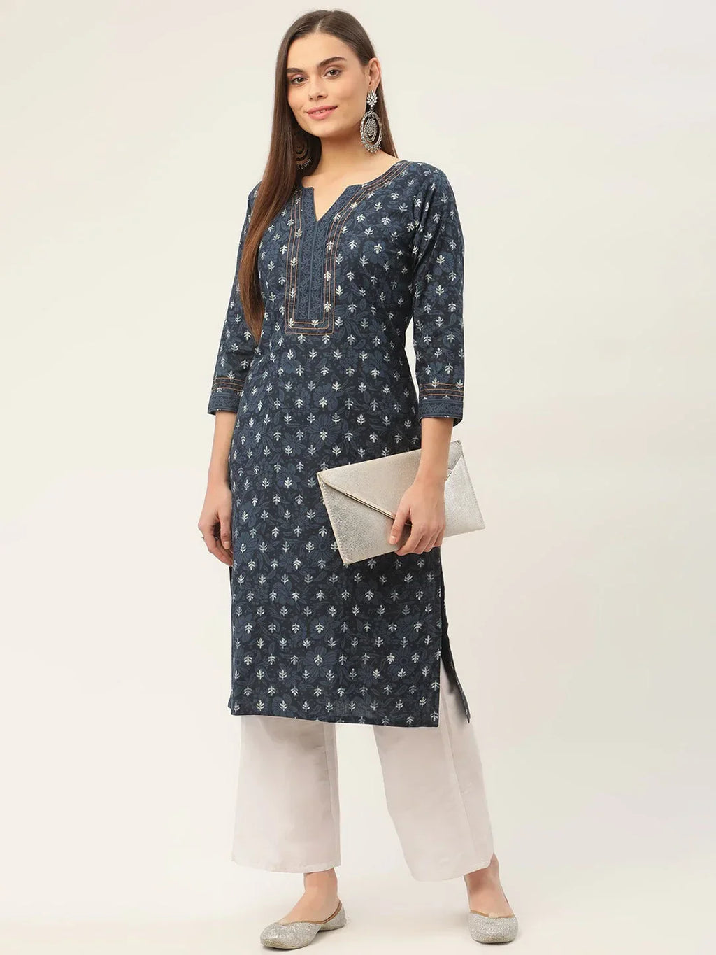 Jompers Women's Indigo Blue Pure Cotton Floral Printed Kurta | Grocsy