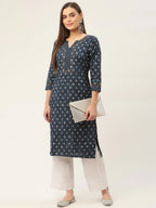 Jompers Women's Indigo Blue Pure Cotton Floral Printed Kurta | Grocsy