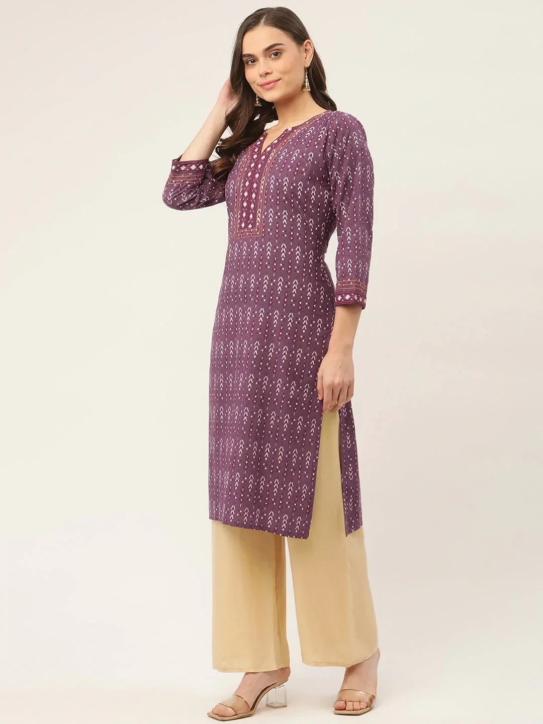 Jompers Women's Purple Pure Cotton Ikat Printed Kurta | Grocsy