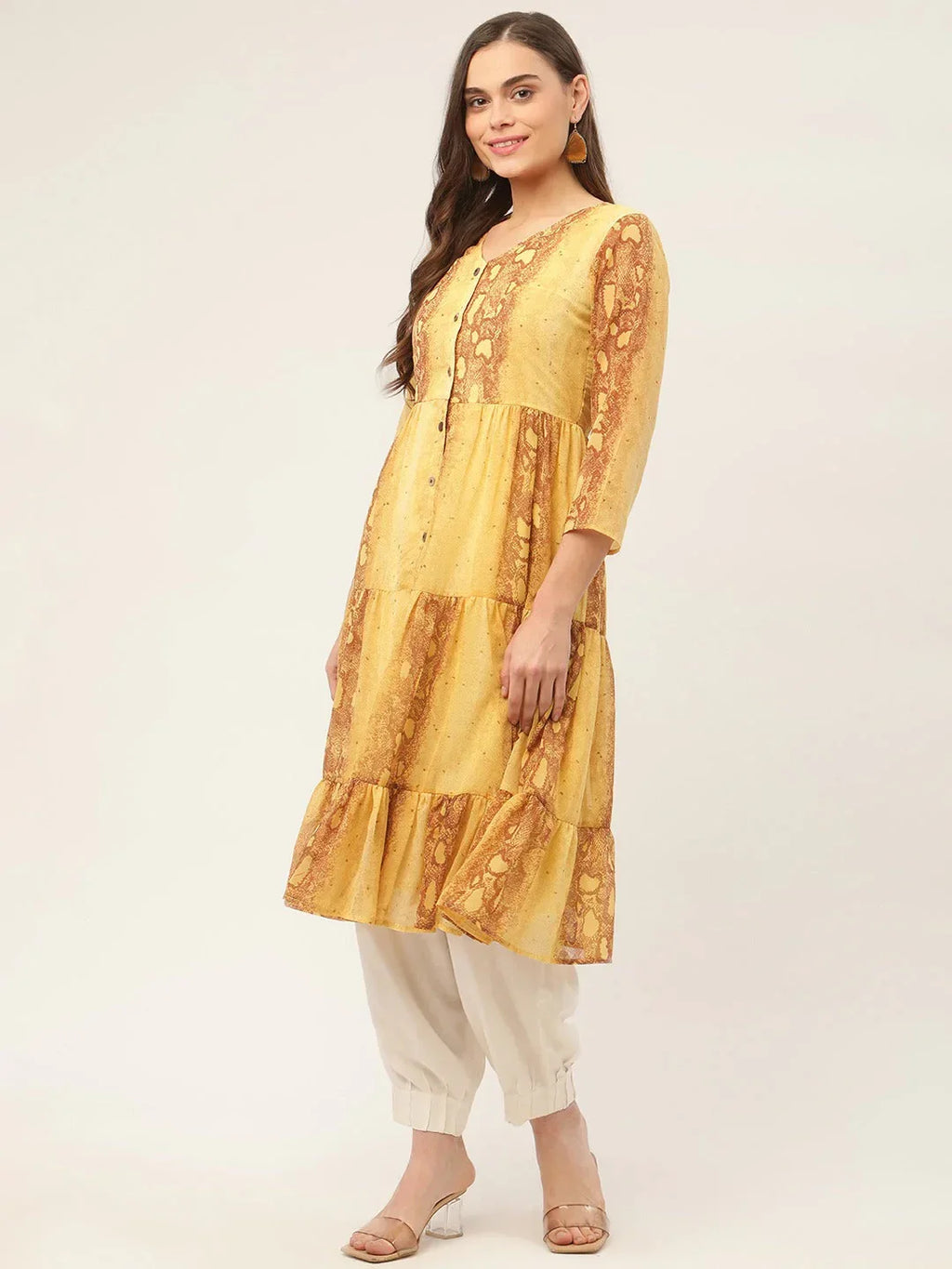Jompers Women's Mustard Georgette Tiger Printed Kurta | Grocsy
