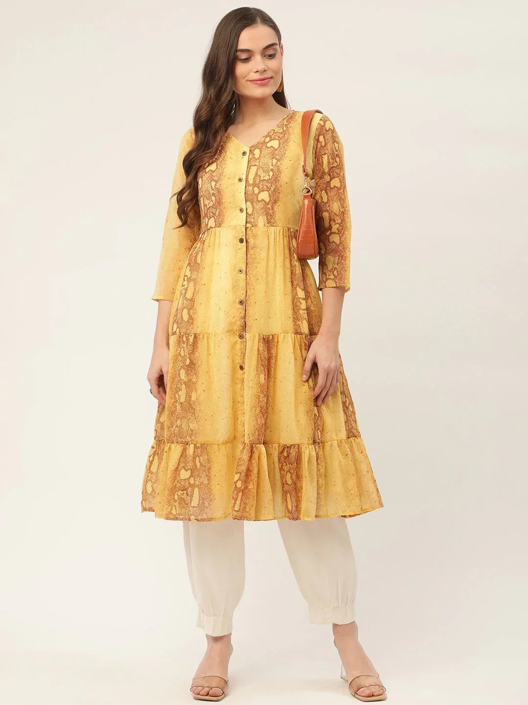 Jompers Women's Mustard Georgette Tiger Printed Kurta | Grocsy