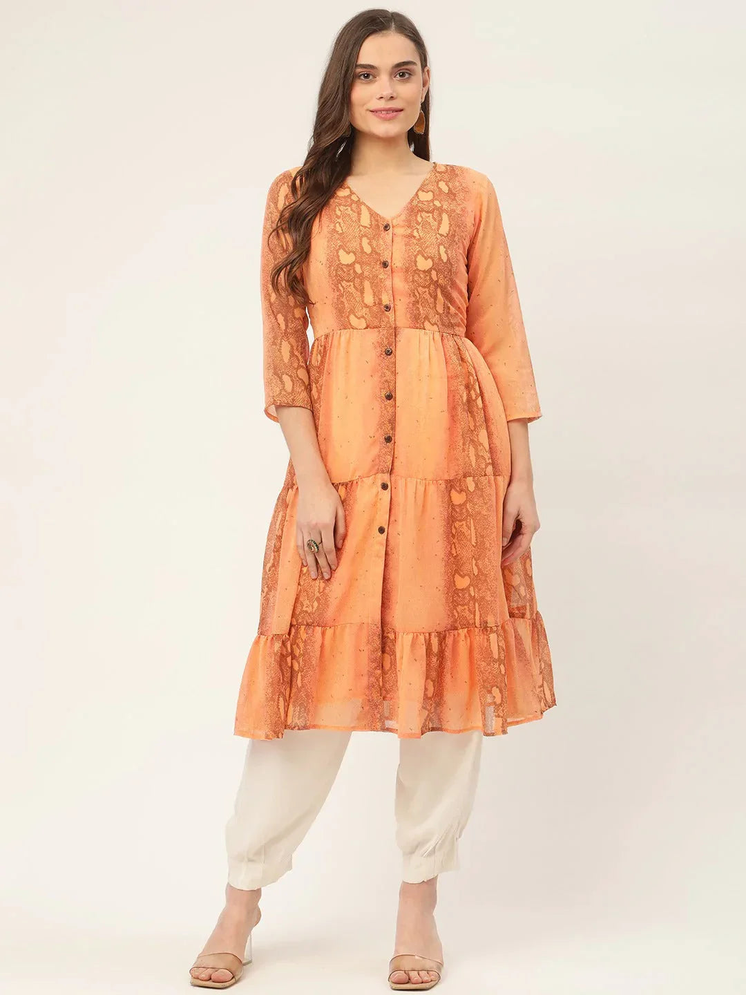 Jompers Women's Orange Georgette Tiger Printed Kurta | Grocsy