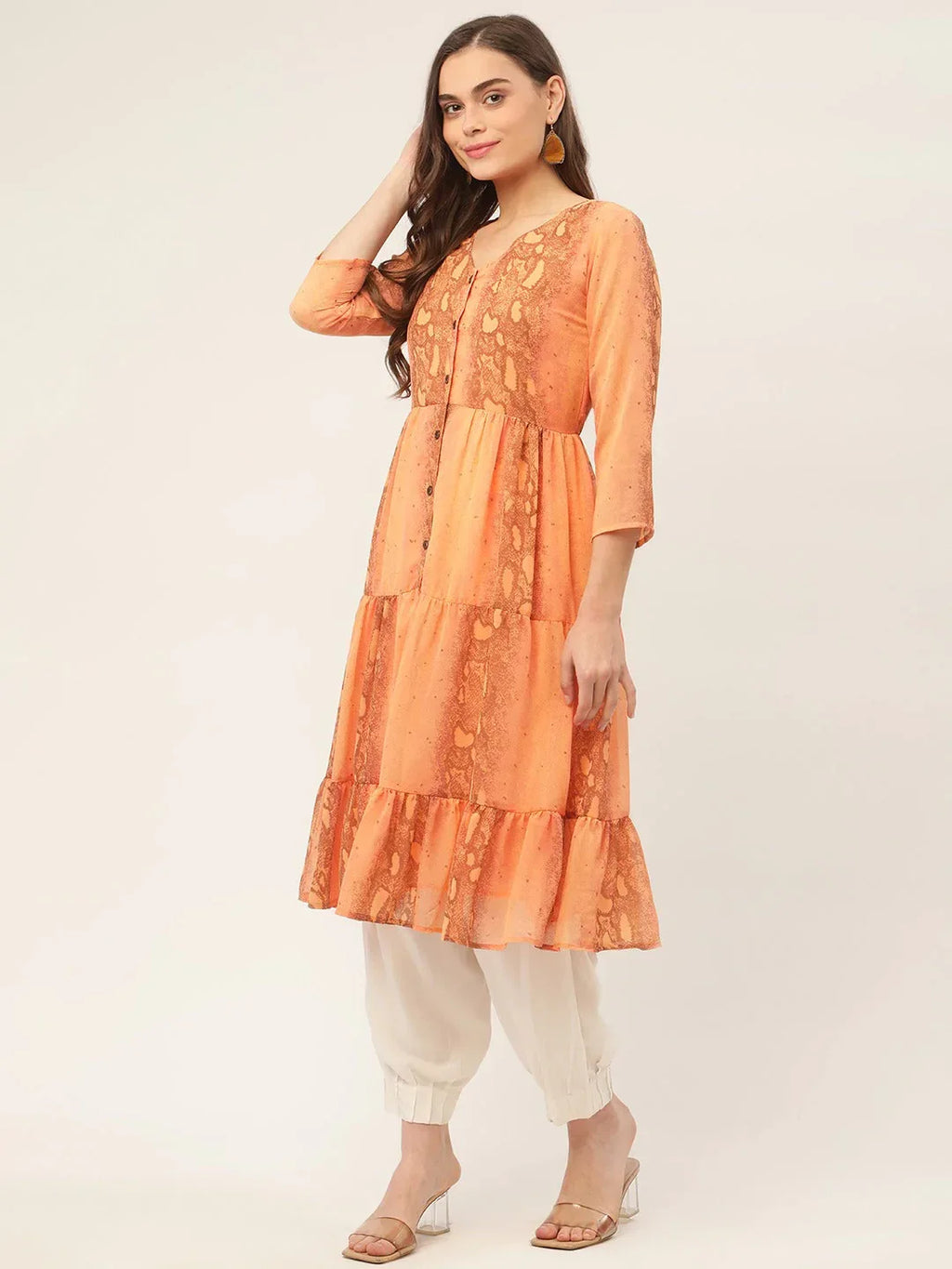 Jompers Women's Orange Georgette Tiger Printed Kurta | Grocsy