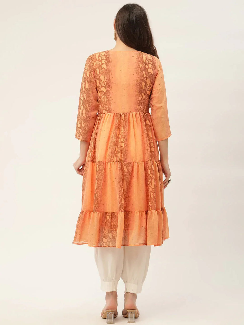 Jompers Women's Orange Georgette Tiger Printed Kurta | Grocsy