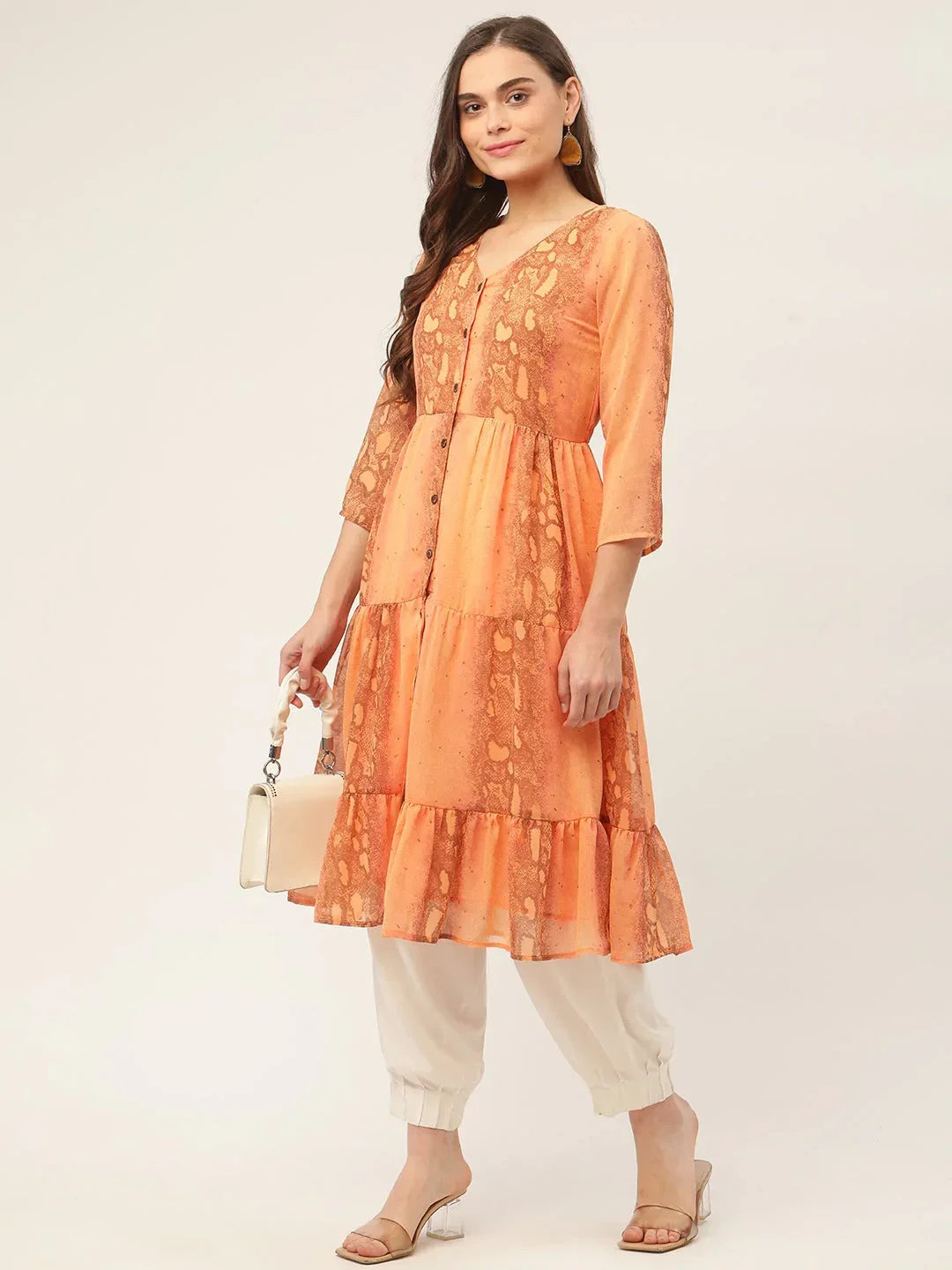 Jompers Women's Orange Georgette Tiger Printed Kurta | Grocsy