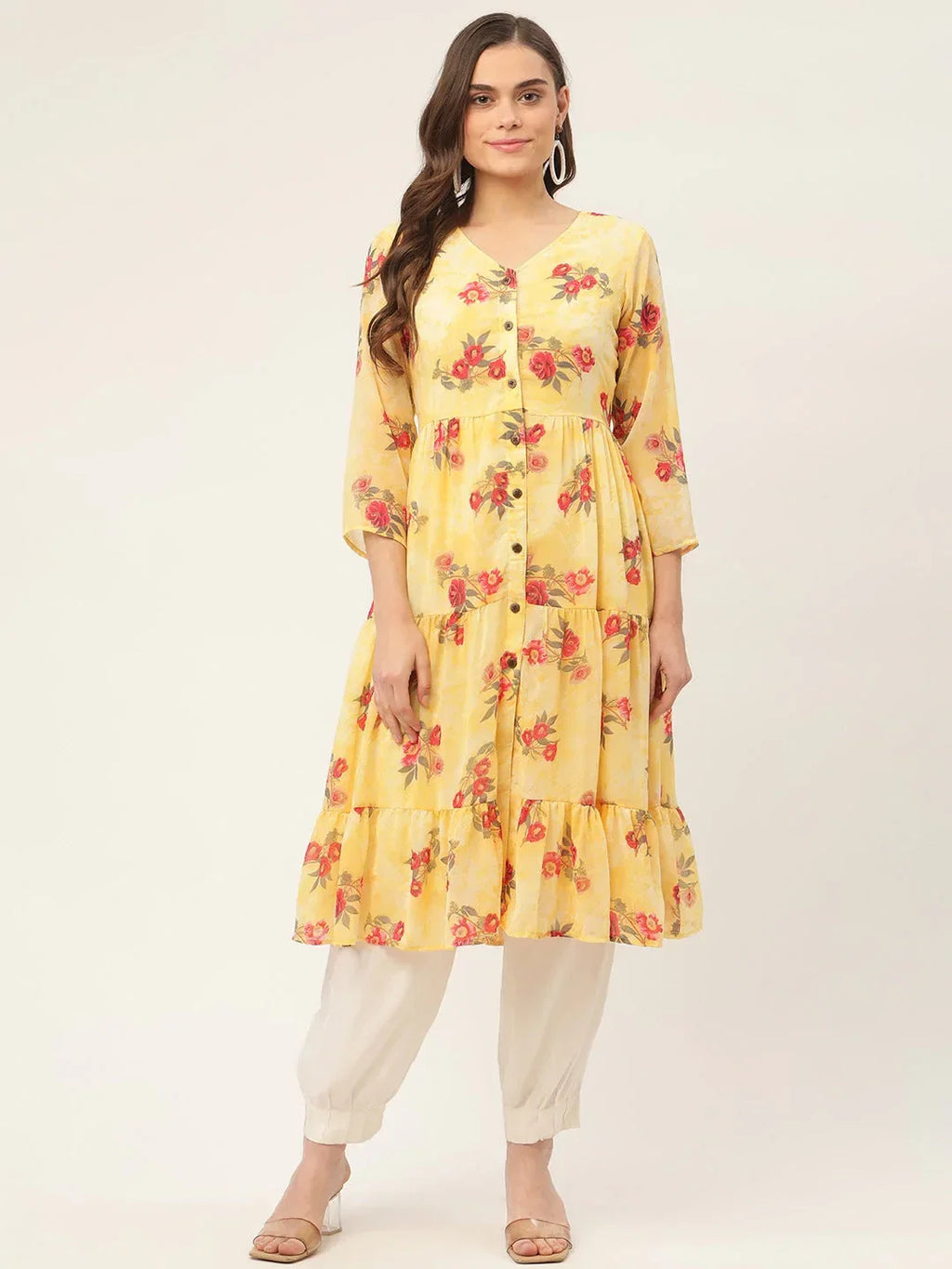 Jompers Women's Yellow Georgette Floral Printed Kurta | Grocsy