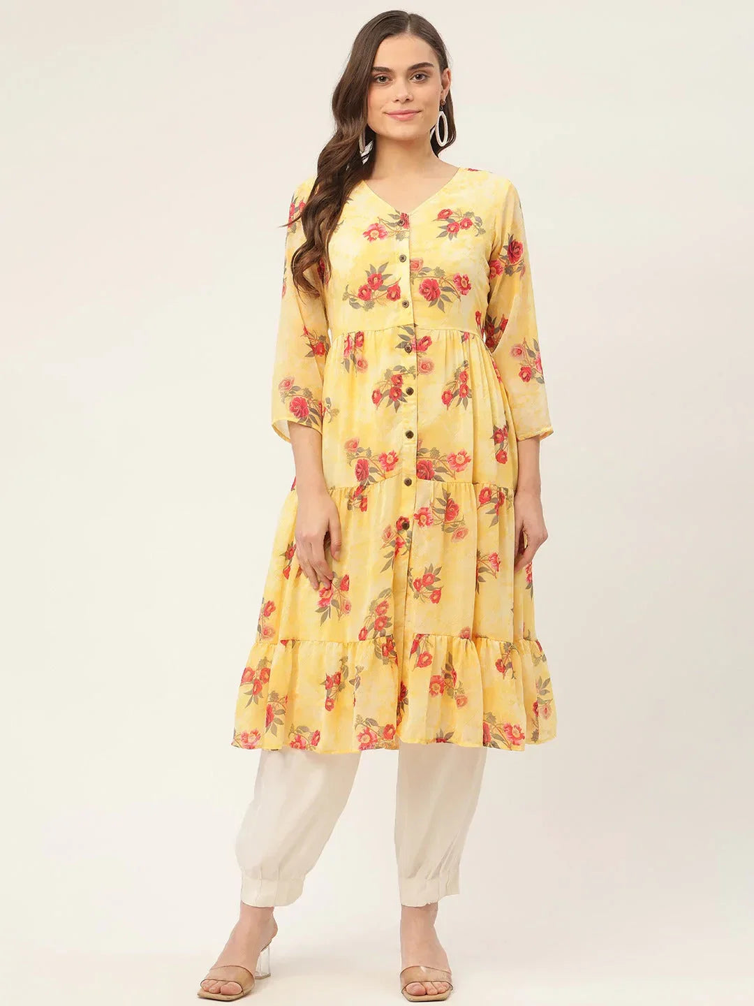 Jompers Women's Yellow Georgette Floral Printed Kurta | Grocsy