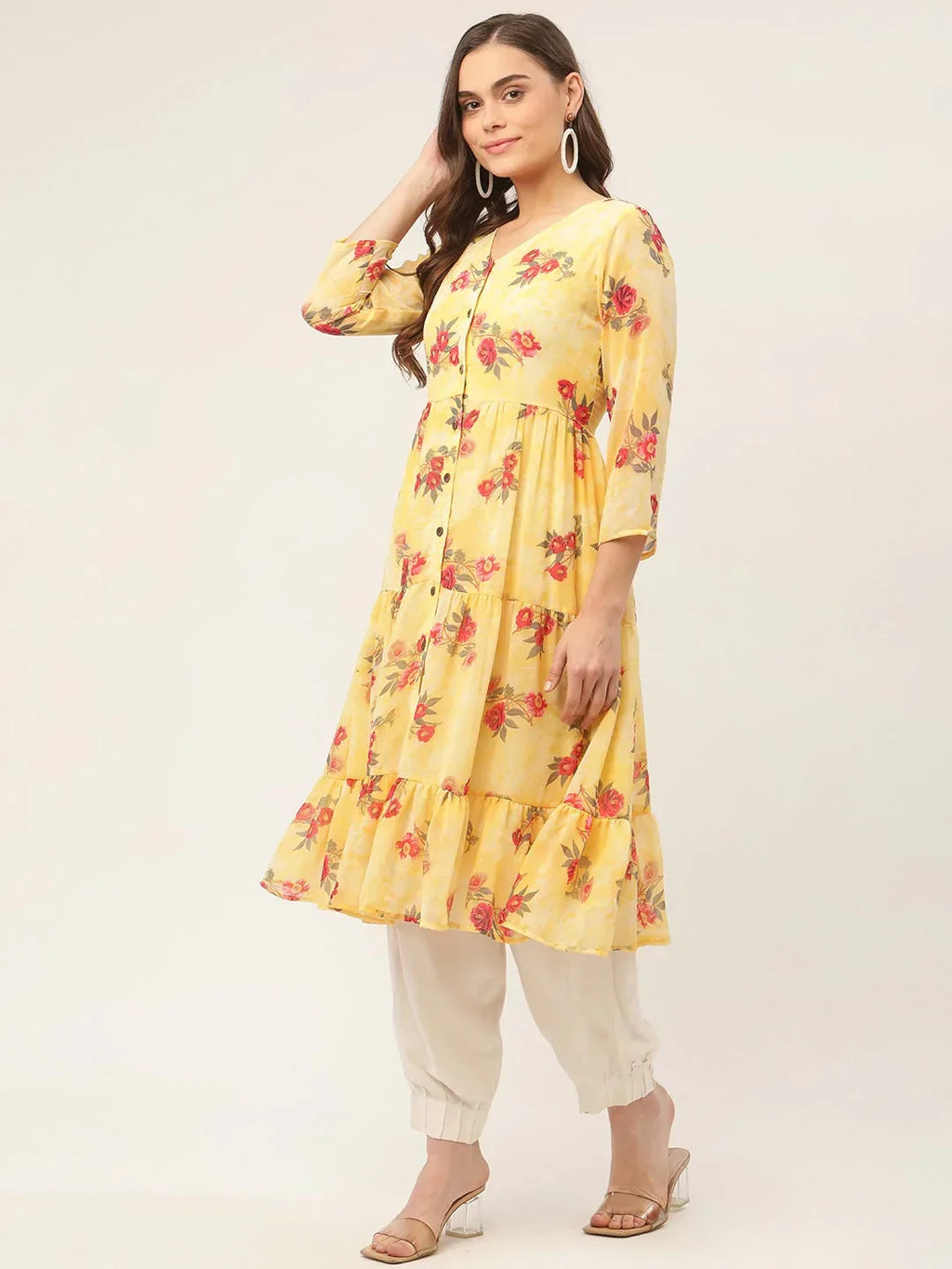 Jompers Women's Yellow Georgette Floral Printed Kurta | Grocsy