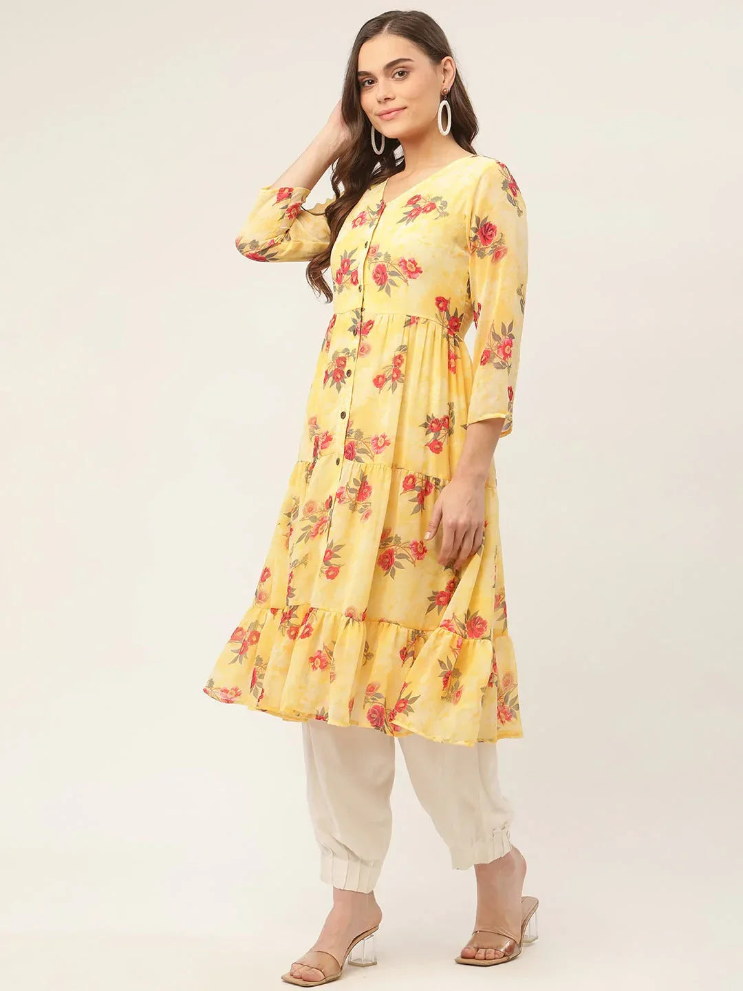 Jompers Women's Yellow Georgette Floral Printed Kurta | Grocsy