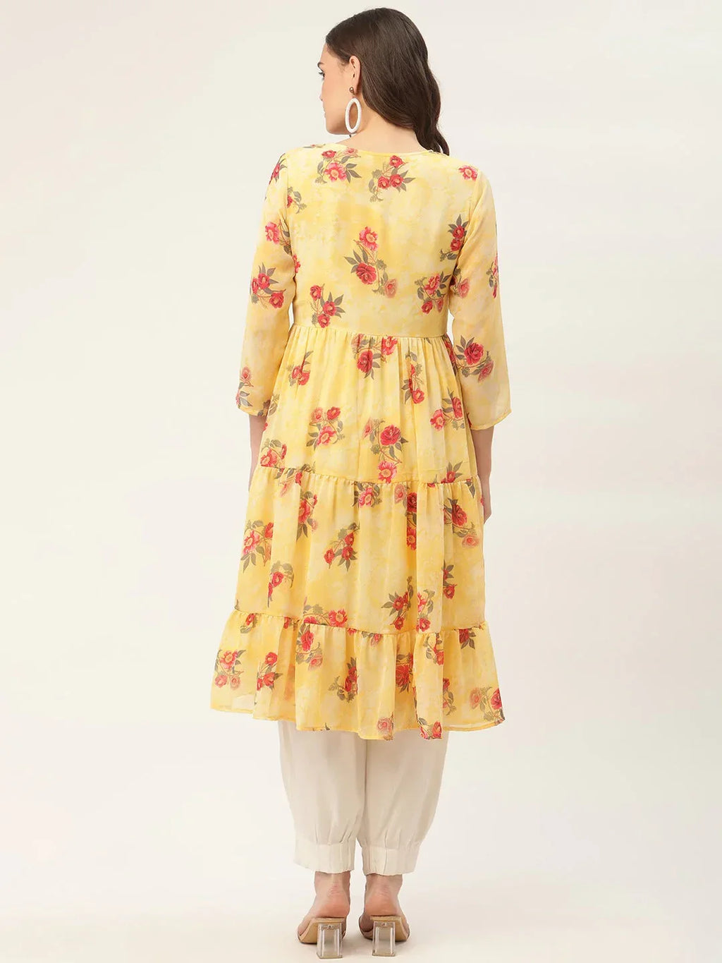 Jompers Women's Yellow Georgette Floral Printed Kurta | Grocsy