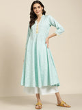 Jompers Women's Blue & White Ethnic Motifs Printed Lace Detail Anarkali Kurta | Grocsy