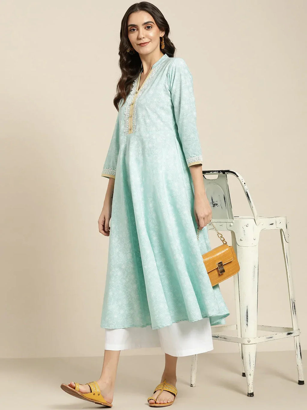 Jompers Women's Blue & White Ethnic Motifs Printed Lace Detail Anarkali Kurta | Grocsy