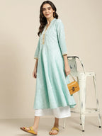 Jompers Women's Blue & White Ethnic Motifs Printed Lace Detail Anarkali Kurta | Grocsy