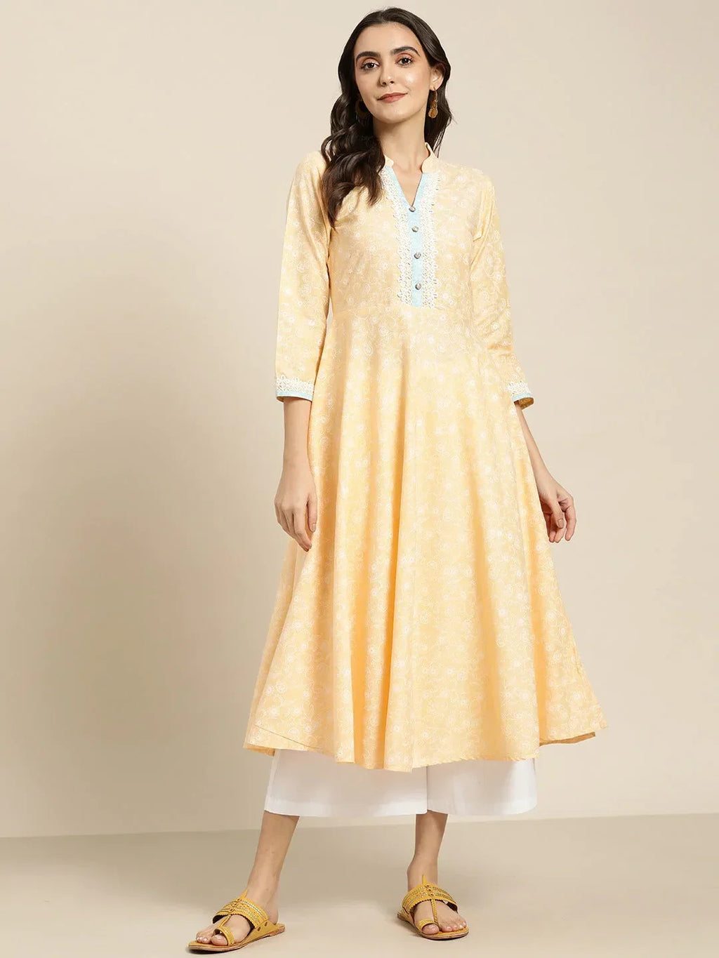 Jompers Women's Yellow & White Ethnic Motifs Printed Lace Detail Anarkali Kurta | Grocsy