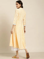 Jompers Women's Yellow & White Ethnic Motifs Printed Lace Detail Anarkali Kurta | Grocsy