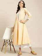 Jompers Women's Yellow & White Ethnic Motifs Printed Lace Detail Anarkali Kurta | Grocsy