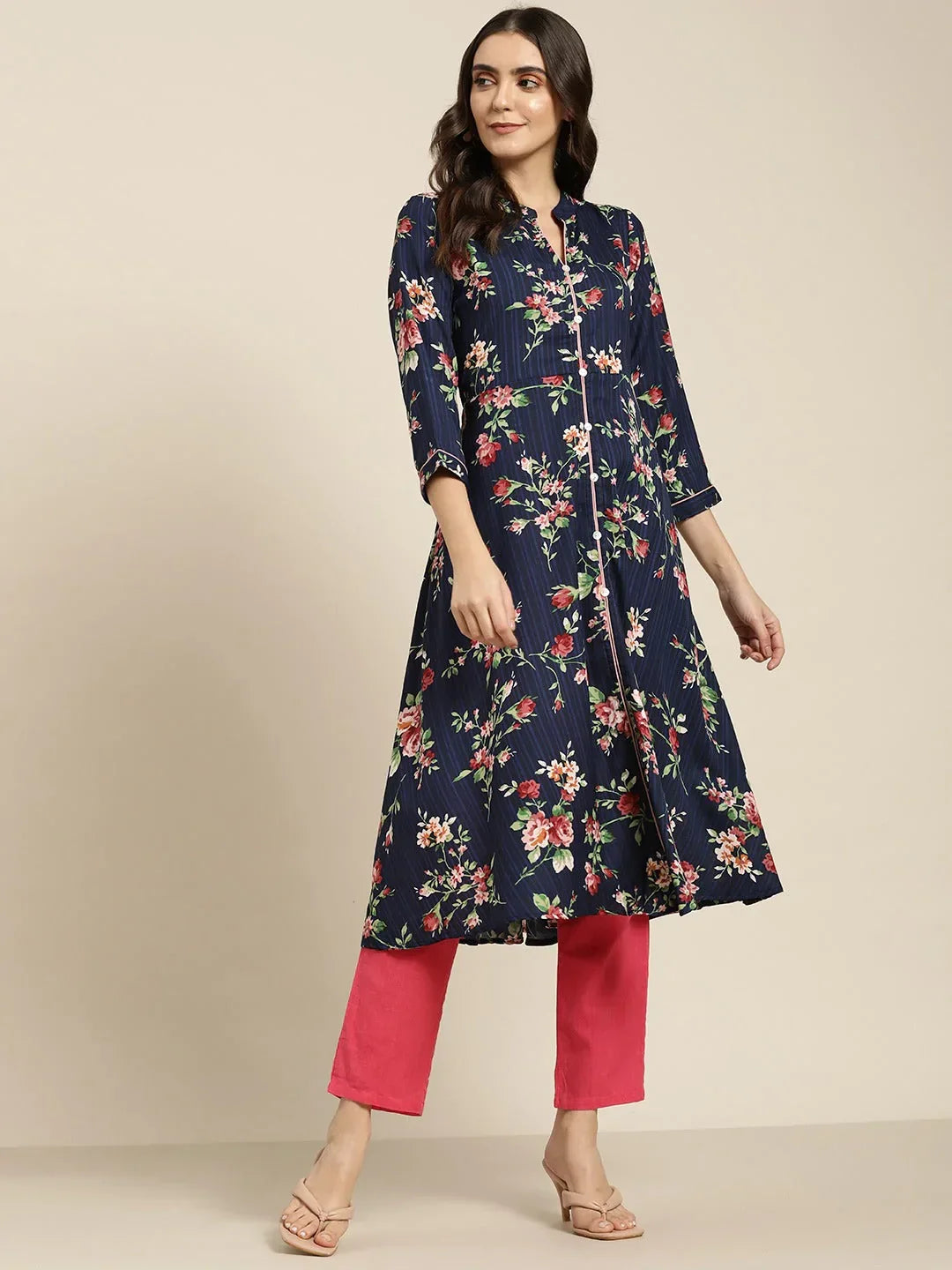 Jompers Women's Blue & Pink Floral Printed Floral Georgette Anarkali Kurta | Grocsy