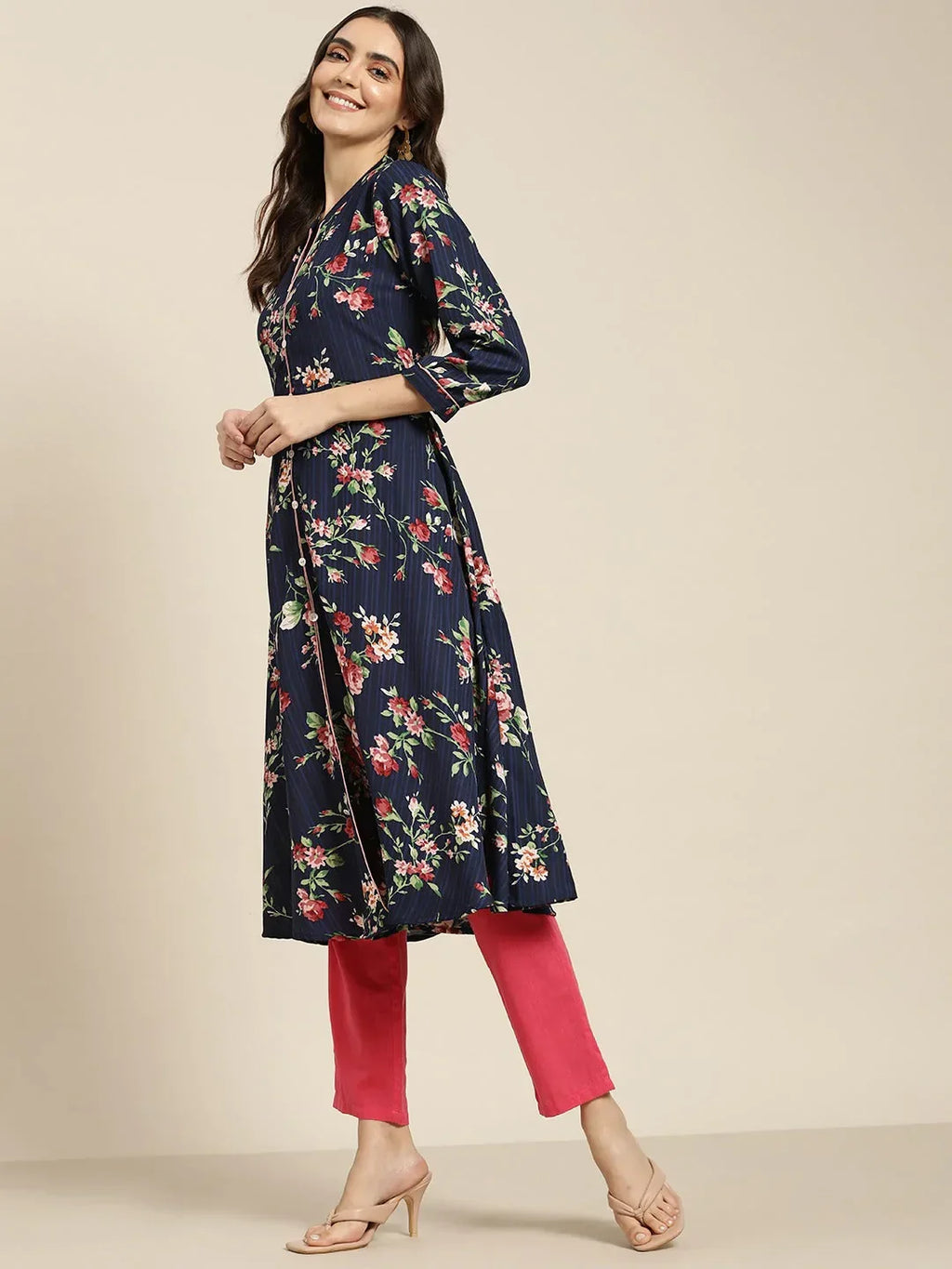 Jompers Women's Blue & Pink Floral Printed Floral Georgette Anarkali Kurta | Grocsy
